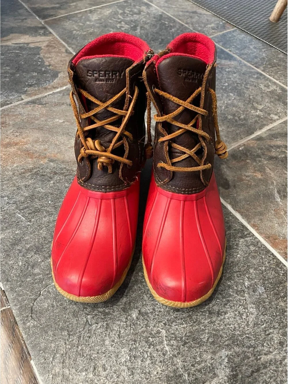 Sperry Saltwater Red Brown Duck Rain Boots Size 9.5